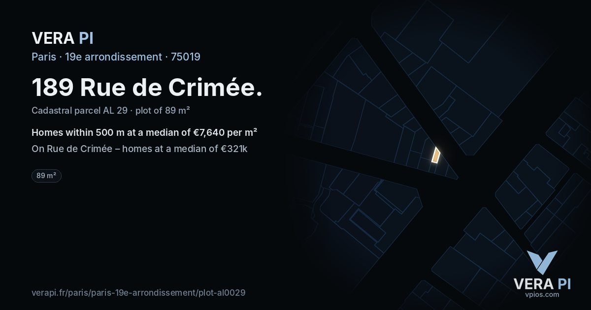 189 Rue de Crimée, 19e arrondissement at night – the plot lit, the parcels around coloured by the prices near them