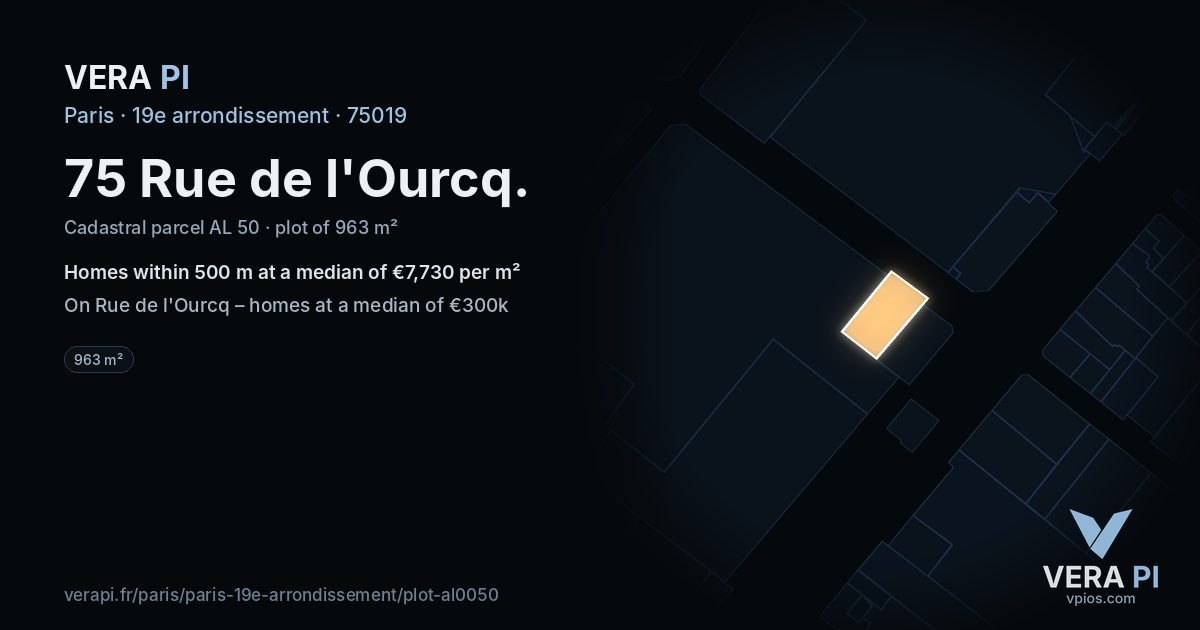 75 Rue de l'Ourcq, 19e arrondissement at night – the plot lit, the parcels around coloured by the prices near them