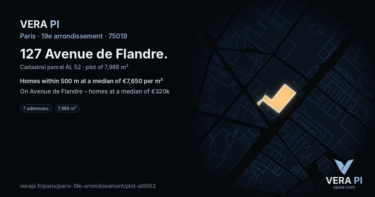 127 Avenue de Flandre, 19e arrondissement at night – the plot lit, the parcels around coloured by the prices near them