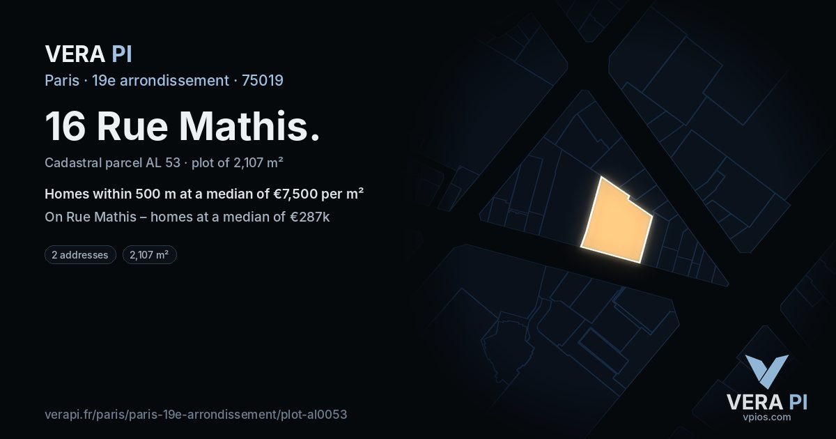 16 Rue Mathis, 19e arrondissement at night – the plot lit, the parcels around coloured by the prices near them