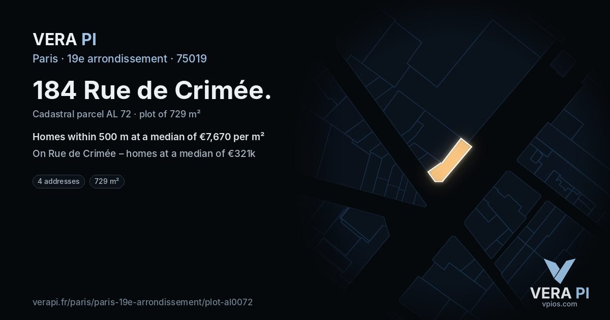 184 Rue de Crimée, 19e arrondissement at night – the plot lit, the parcels around coloured by the prices near them