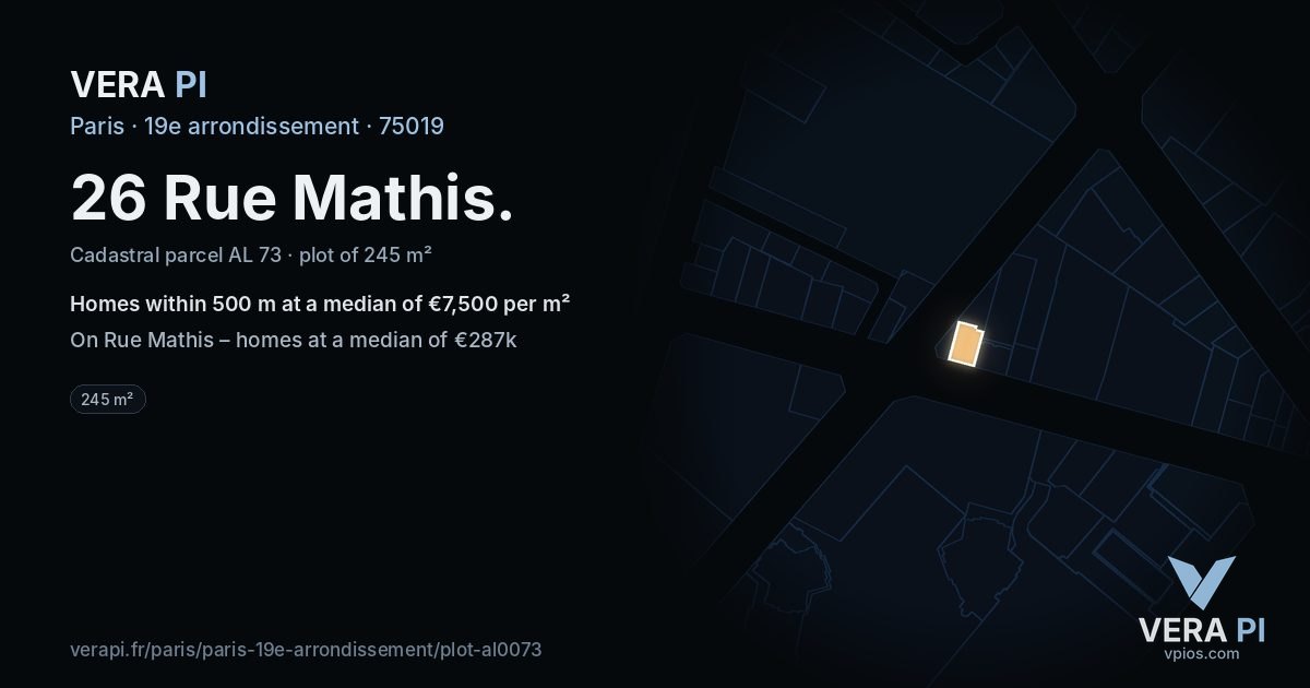 26 Rue Mathis, 19e arrondissement at night – the plot lit, the parcels around coloured by the prices near them