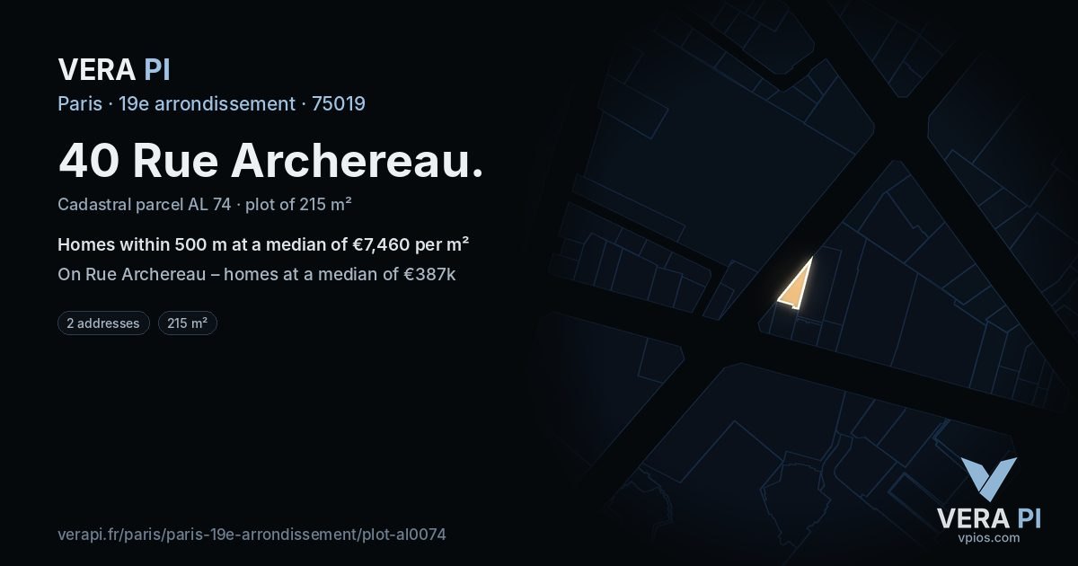 40 Rue Archereau, 19e arrondissement at night – the plot lit, the parcels around coloured by the prices near them