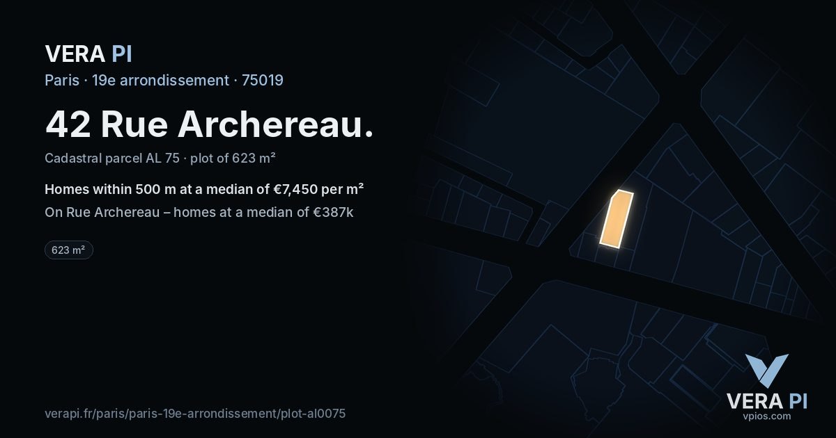 42 Rue Archereau, 19e arrondissement at night – the plot lit, the parcels around coloured by the prices near them