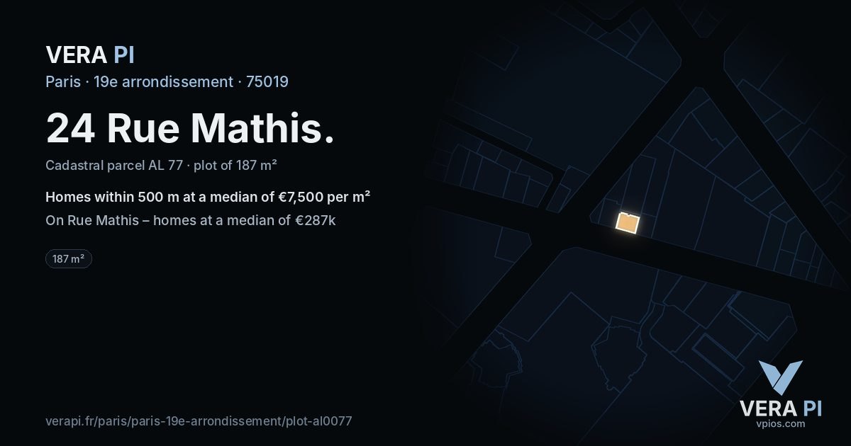 24 Rue Mathis, 19e arrondissement at night – the plot lit, the parcels around coloured by the prices near them