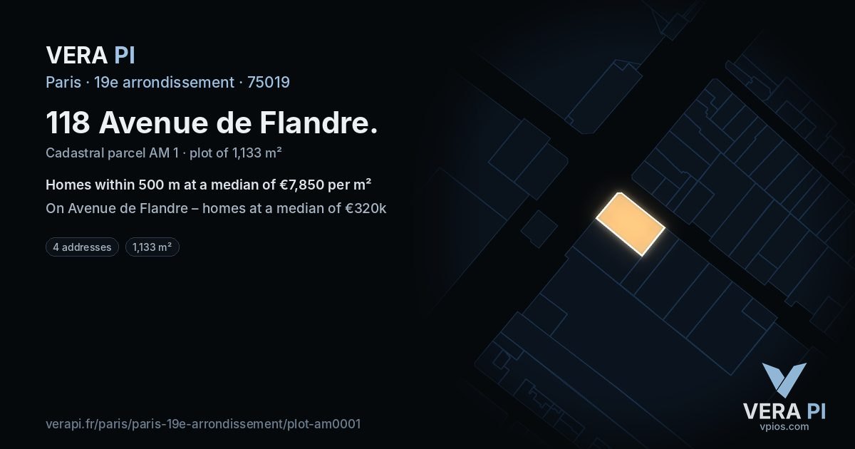 118 Avenue de Flandre, 19e arrondissement at night – the plot lit, the parcels around coloured by the prices near them