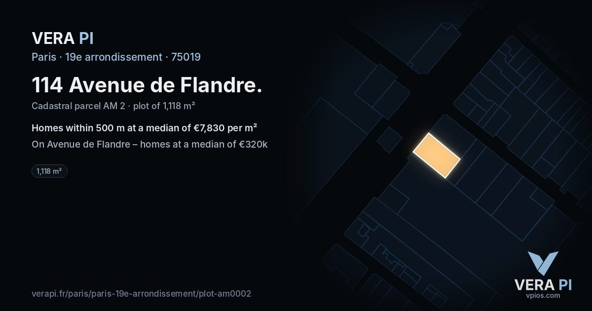 114 Avenue de Flandre, 19e arrondissement at night – the plot lit, the parcels around coloured by the prices near them