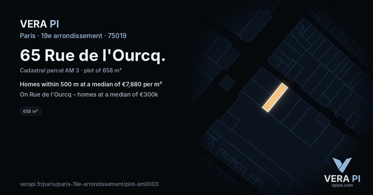 65 Rue de l'Ourcq, 19e arrondissement at night – the plot lit, the parcels around coloured by the prices near them