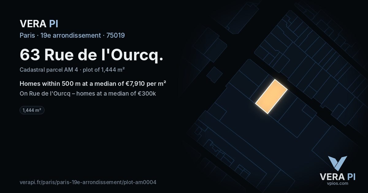 63 Rue de l'Ourcq, 19e arrondissement at night – the plot lit, the parcels around coloured by the prices near them