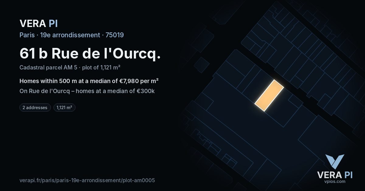 61 b Rue de l'Ourcq, 19e arrondissement at night – the plot lit, the parcels around coloured by the prices near them