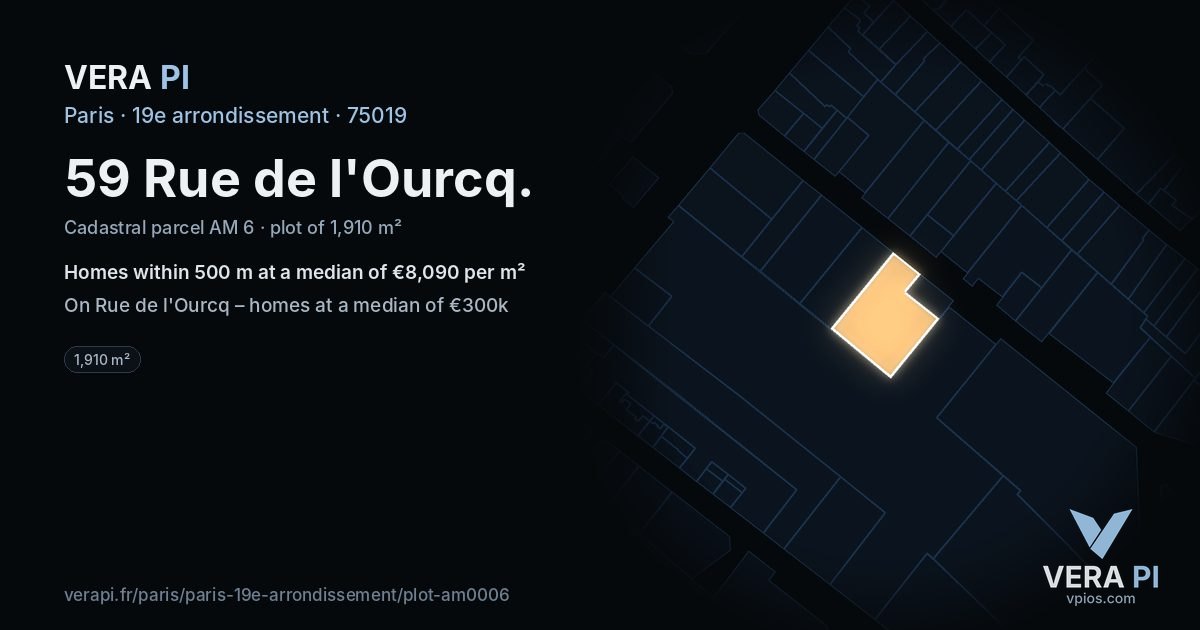 59 Rue de l'Ourcq, 19e arrondissement at night – the plot lit, the parcels around coloured by the prices near them