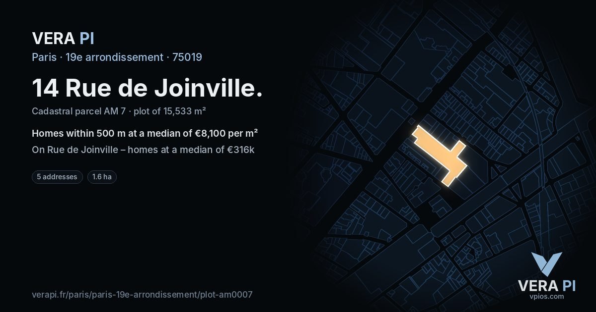 14 Rue de Joinville, 19e arrondissement at night – the plot lit, the parcels around coloured by the prices near them