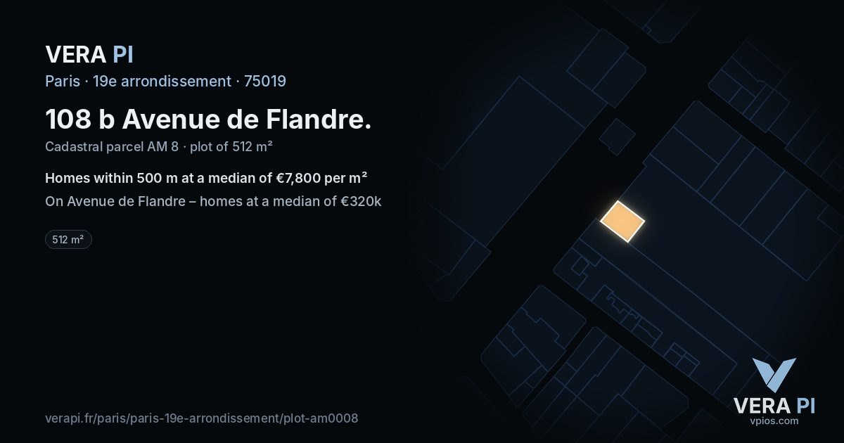108 b Avenue de Flandre, 19e arrondissement at night – the plot lit, the parcels around coloured by the prices near them