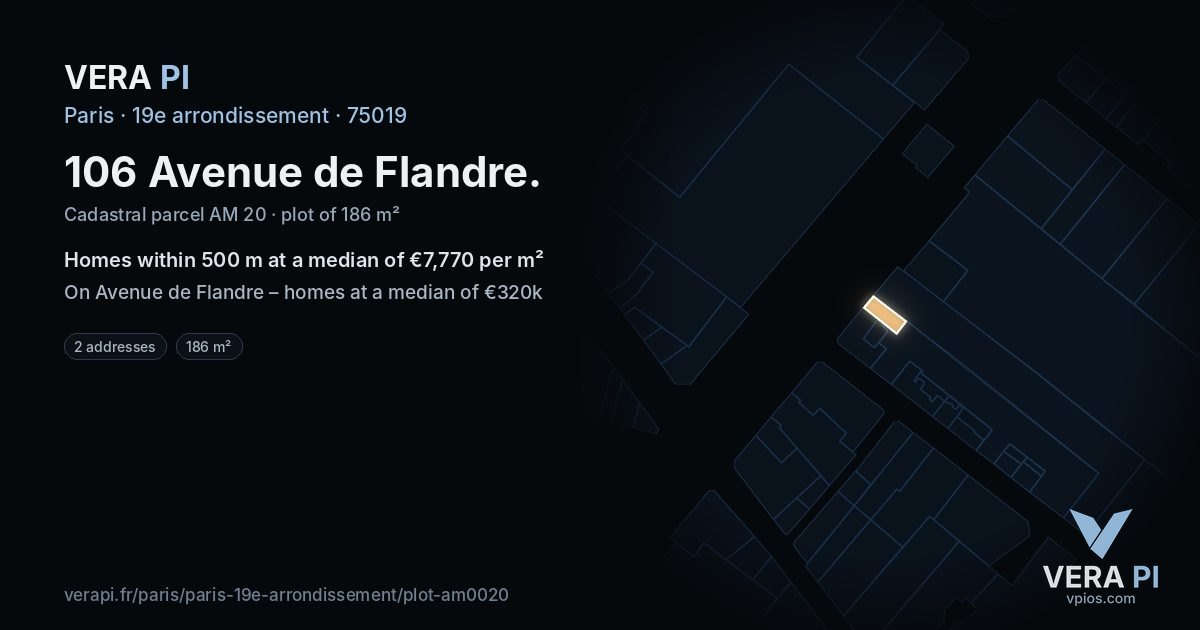 106 Avenue de Flandre, 19e arrondissement at night – the plot lit, the parcels around coloured by the prices near them