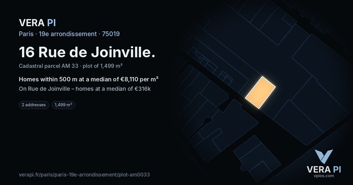 16 Rue de Joinville, 19e arrondissement at night – the plot lit, the parcels around coloured by the prices near them