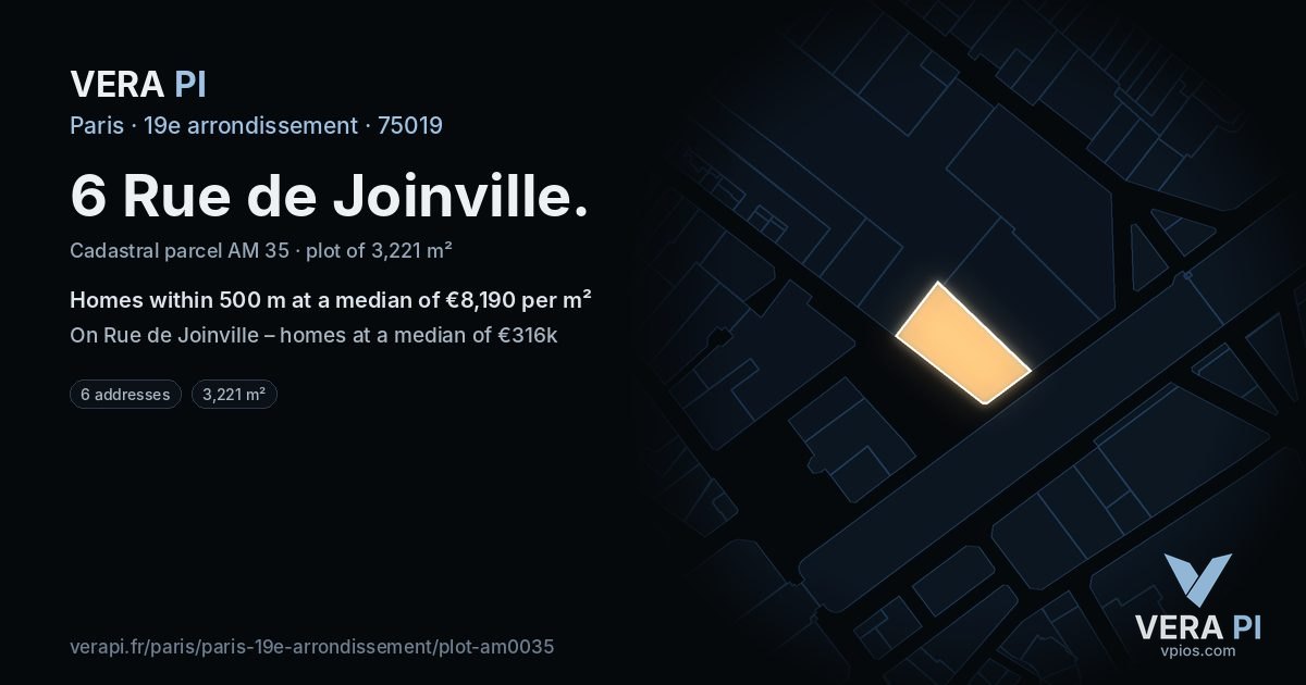 6 Rue de Joinville, 19e arrondissement at night – the plot lit, the parcels around coloured by the prices near them