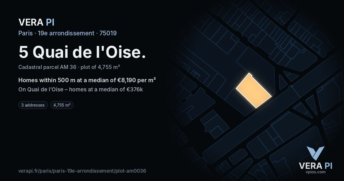 5 Quai de l'Oise, 19e arrondissement at night – the plot lit, the parcels around coloured by the prices near them