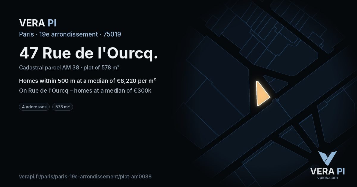 47 Rue de l'Ourcq, 19e arrondissement at night – the plot lit, the parcels around coloured by the prices near them