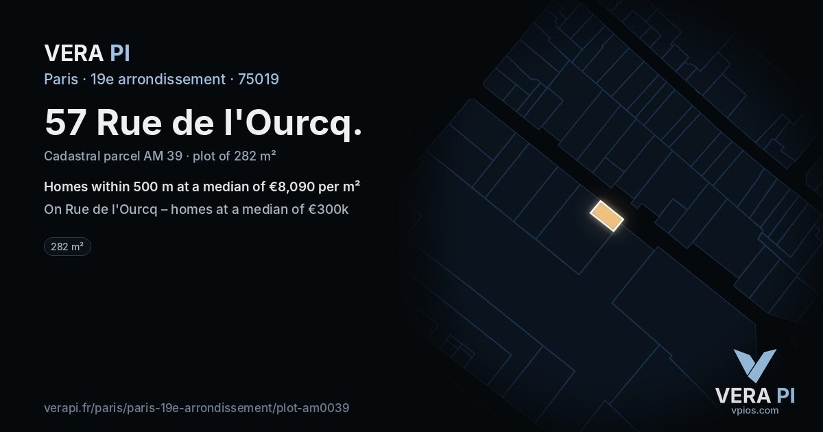 57 Rue de l'Ourcq, 19e arrondissement at night – the plot lit, the parcels around coloured by the prices near them