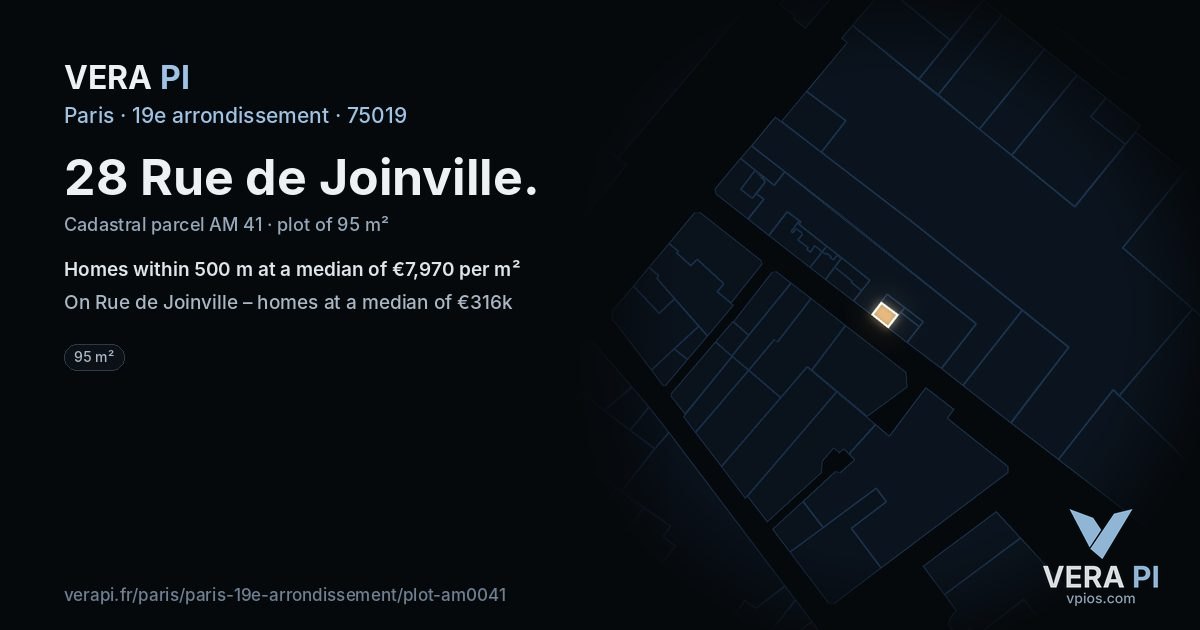 28 Rue de Joinville, 19e arrondissement at night – the plot lit, the parcels around coloured by the prices near them
