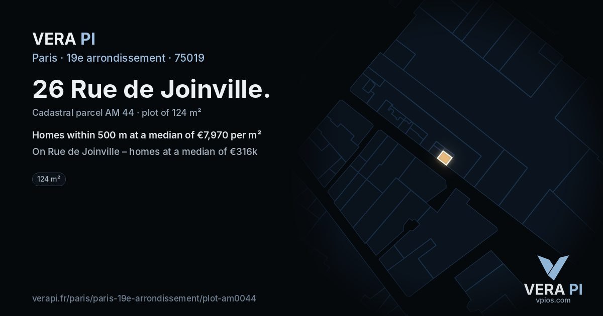 26 Rue de Joinville, 19e arrondissement at night – the plot lit, the parcels around coloured by the prices near them