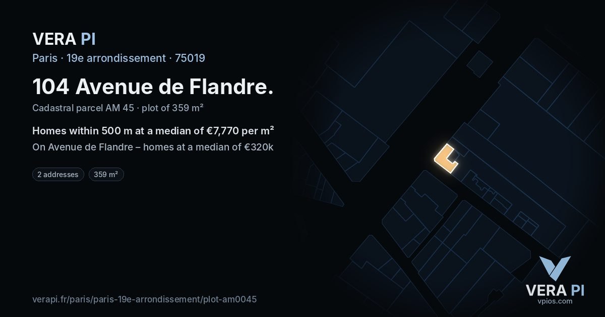 104 Avenue de Flandre, 19e arrondissement at night – the plot lit, the parcels around coloured by the prices near them