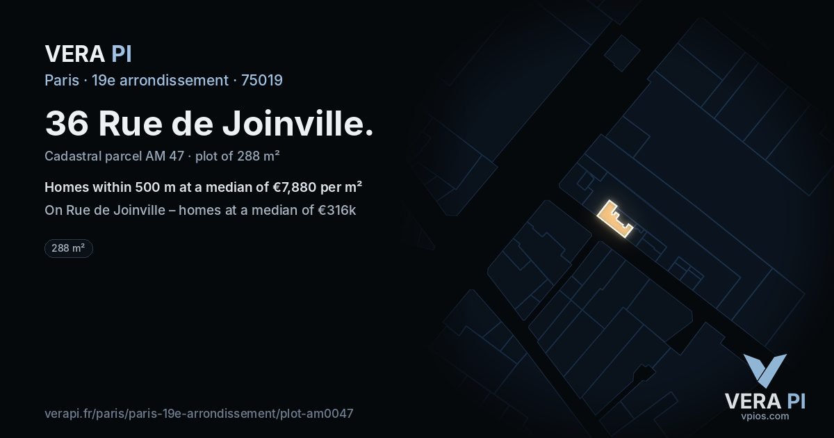 36 Rue de Joinville, 19e arrondissement at night – the plot lit, the parcels around coloured by the prices near them