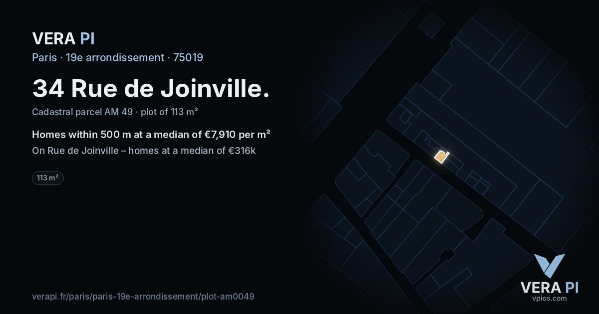 34 Rue de Joinville, 19e arrondissement at night – the plot lit, the parcels around coloured by the prices near them
