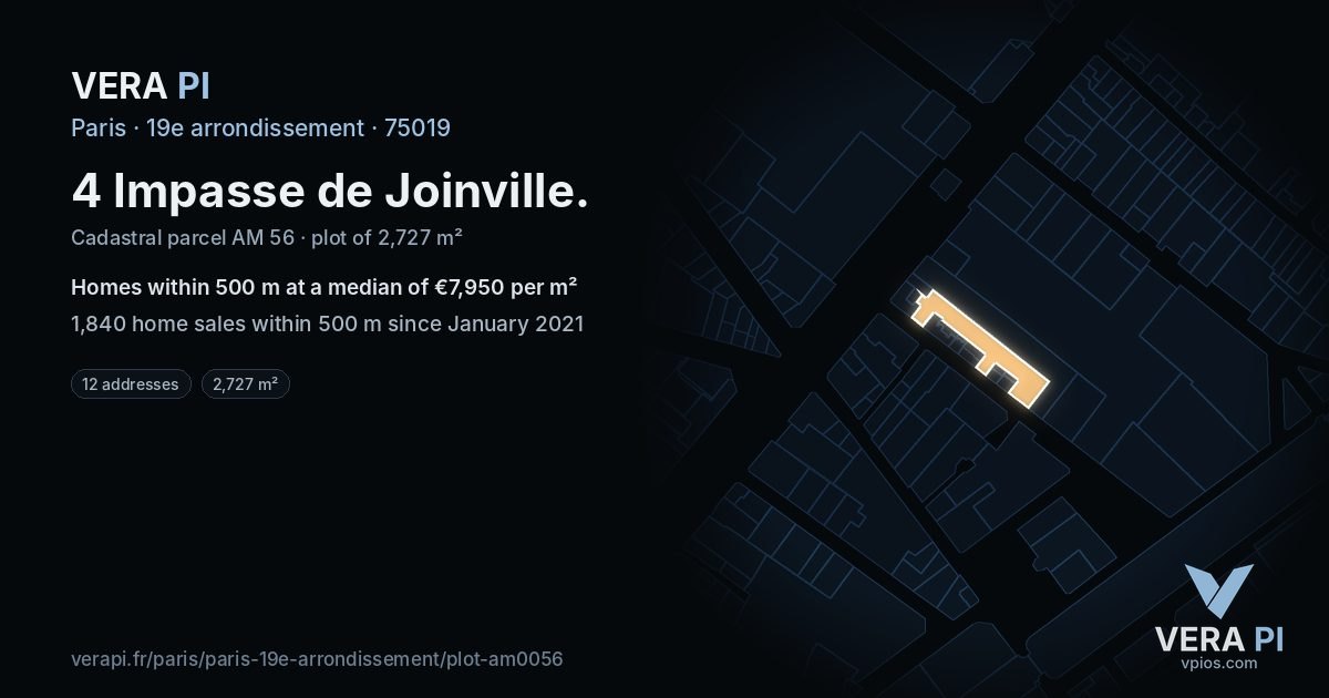 4 Impasse de Joinville, 19e arrondissement at night – the plot lit, the parcels around coloured by the prices near them