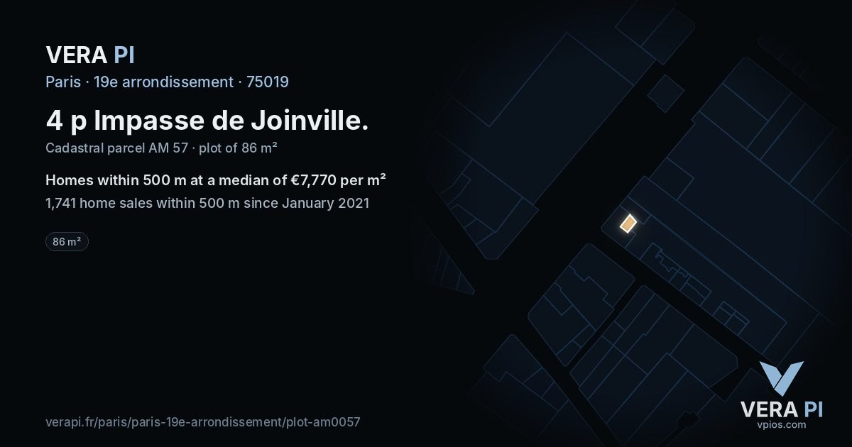 4 p Impasse de Joinville, 19e arrondissement at night – the plot lit, the parcels around coloured by the prices near them