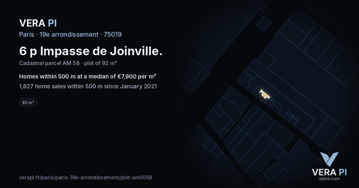 6 p Impasse de Joinville, 19e arrondissement at night – the plot lit, the parcels around coloured by the prices near them