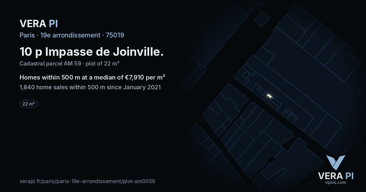 10 p Impasse de Joinville, 19e arrondissement at night – the plot lit, the parcels around coloured by the prices near them