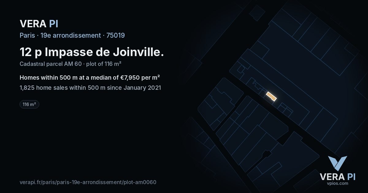 12 p Impasse de Joinville, 19e arrondissement at night – the plot lit, the parcels around coloured by the prices near them