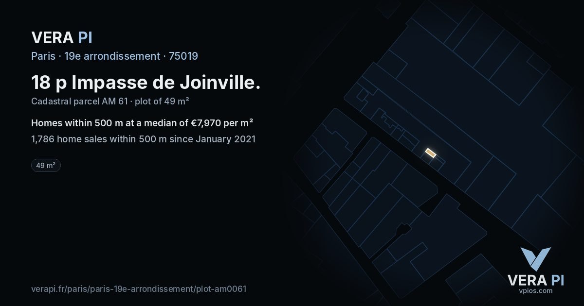 18 p Impasse de Joinville, 19e arrondissement at night – the plot lit, the parcels around coloured by the prices near them