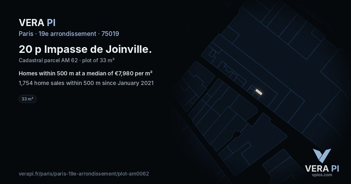20 p Impasse de Joinville, 19e arrondissement at night – the plot lit, the parcels around coloured by the prices near them