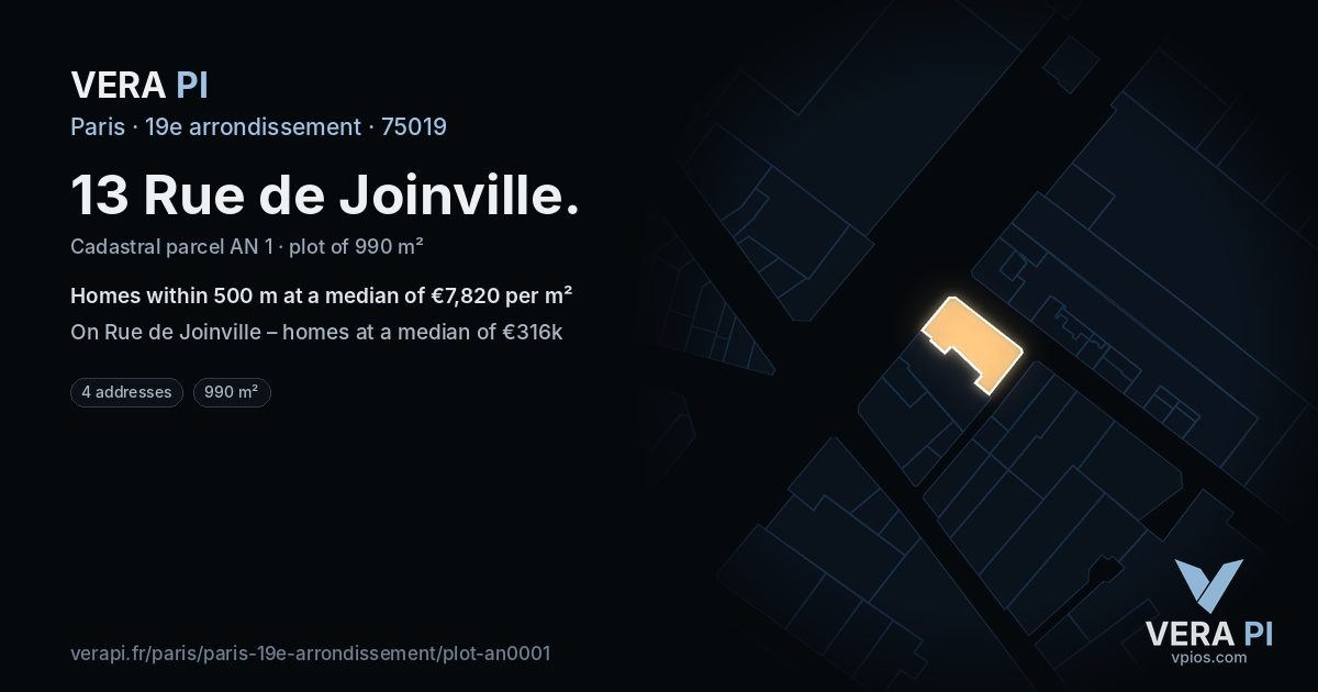 13 Rue de Joinville, 19e arrondissement at night – the plot lit, the parcels around coloured by the prices near them