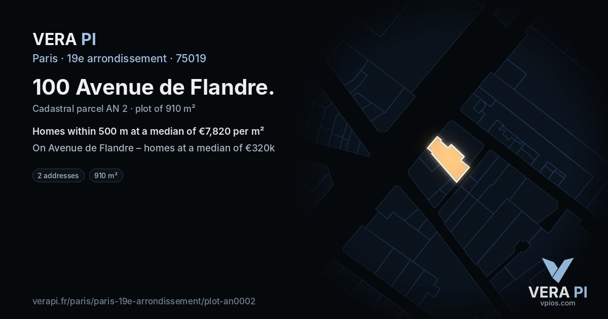 100 Avenue de Flandre, 19e arrondissement at night – the plot lit, the parcels around coloured by the prices near them