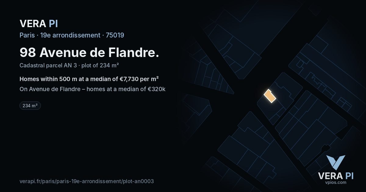 98 Avenue de Flandre, 19e arrondissement at night – the plot lit, the parcels around coloured by the prices near them