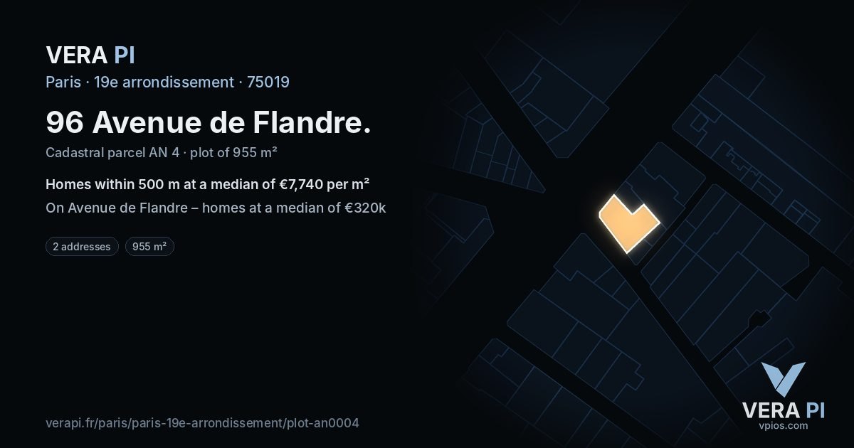 96 Avenue de Flandre, 19e arrondissement at night – the plot lit, the parcels around coloured by the prices near them