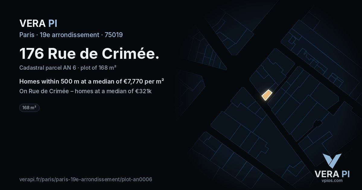 176 Rue de Crimée, 19e arrondissement at night – the plot lit, the parcels around coloured by the prices near them