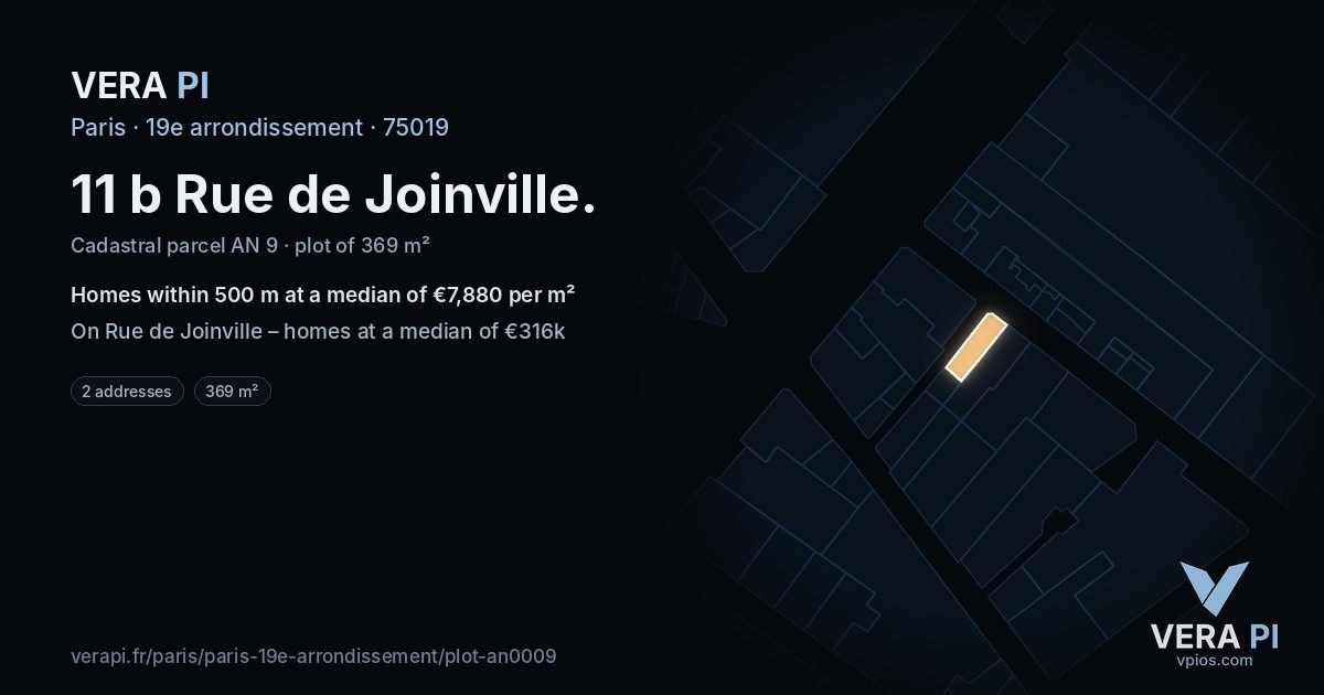 11 b Rue de Joinville, 19e arrondissement at night – the plot lit, the parcels around coloured by the prices near them
