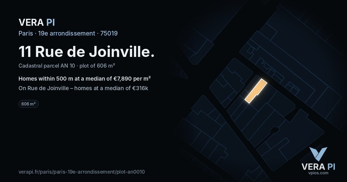 11 Rue de Joinville, 19e arrondissement at night – the plot lit, the parcels around coloured by the prices near them