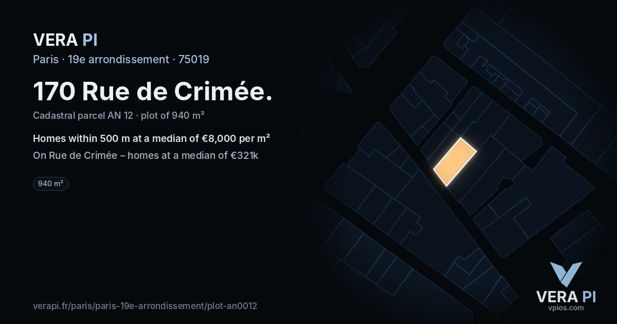 170 Rue de Crimée, 19e arrondissement at night – the plot lit, the parcels around coloured by the prices near them