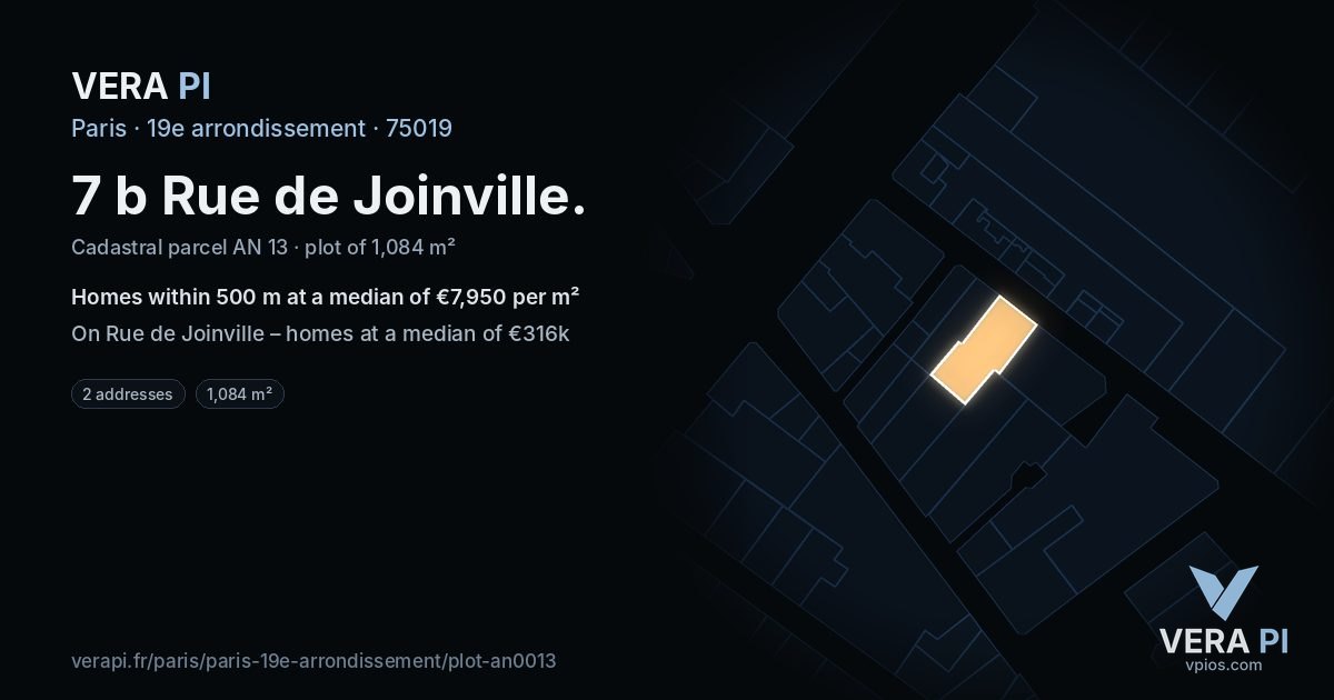 7 b Rue de Joinville, 19e arrondissement at night – the plot lit, the parcels around coloured by the prices near them