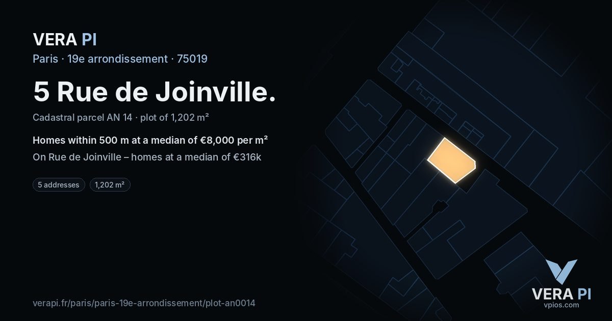 5 Rue de Joinville, 19e arrondissement at night – the plot lit, the parcels around coloured by the prices near them