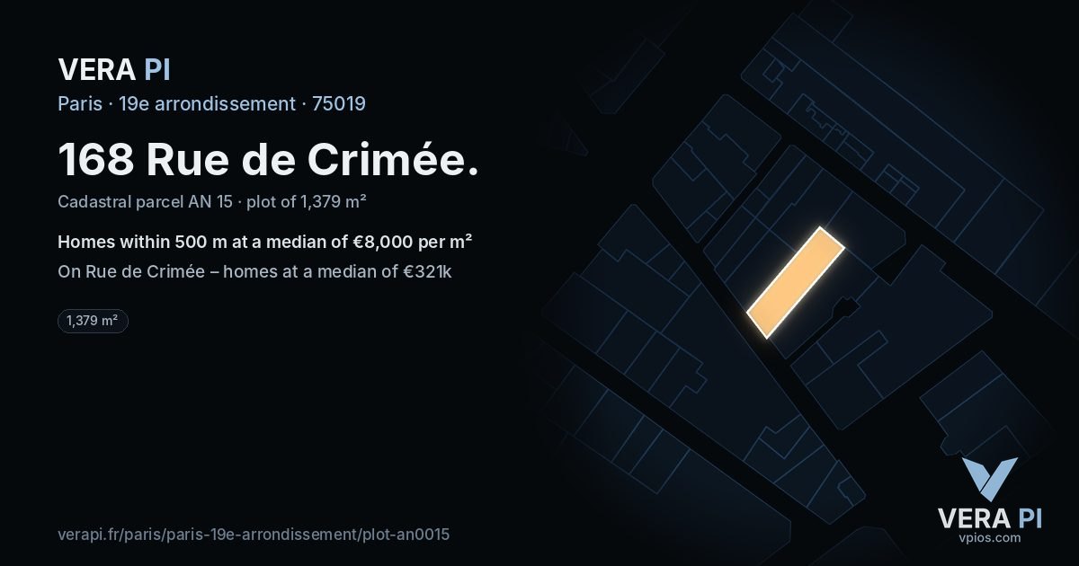 168 Rue de Crimée, 19e arrondissement at night – the plot lit, the parcels around coloured by the prices near them
