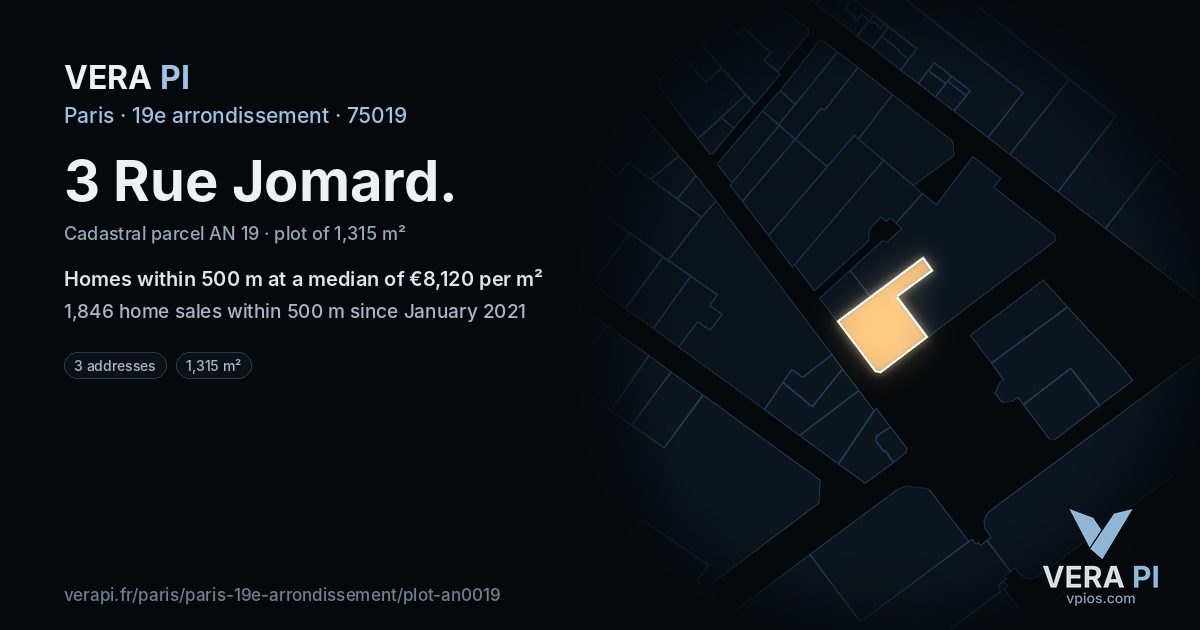 3 Rue Jomard, 19e arrondissement at night – the plot lit, the parcels around coloured by the prices near them