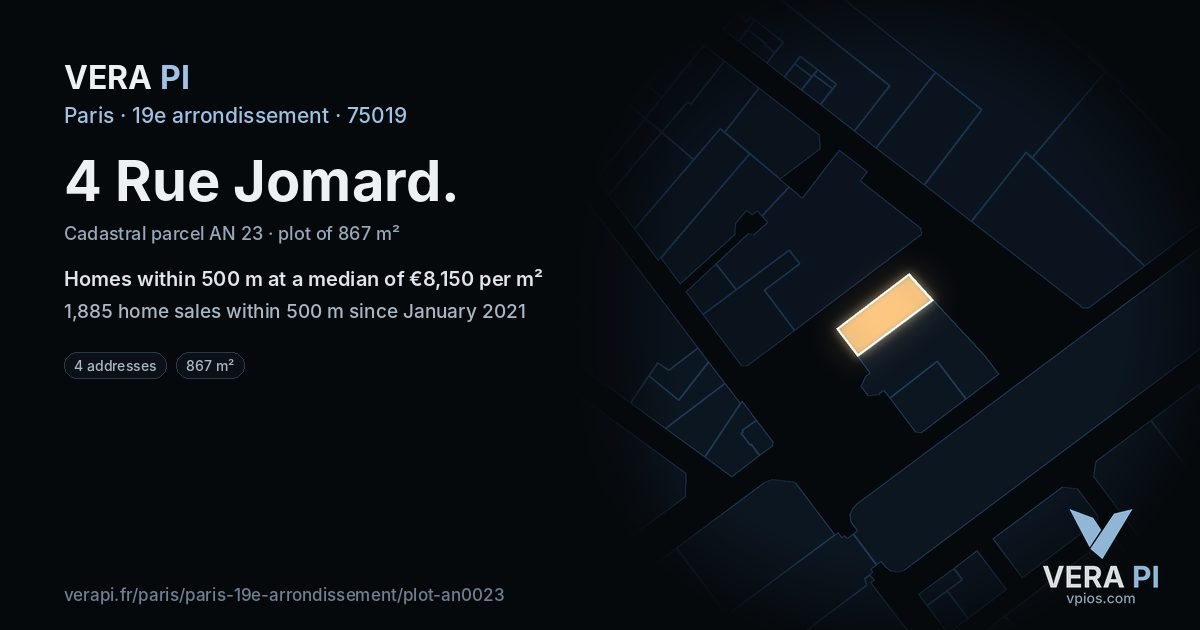 4 Rue Jomard, 19e arrondissement at night – the plot lit, the parcels around coloured by the prices near them
