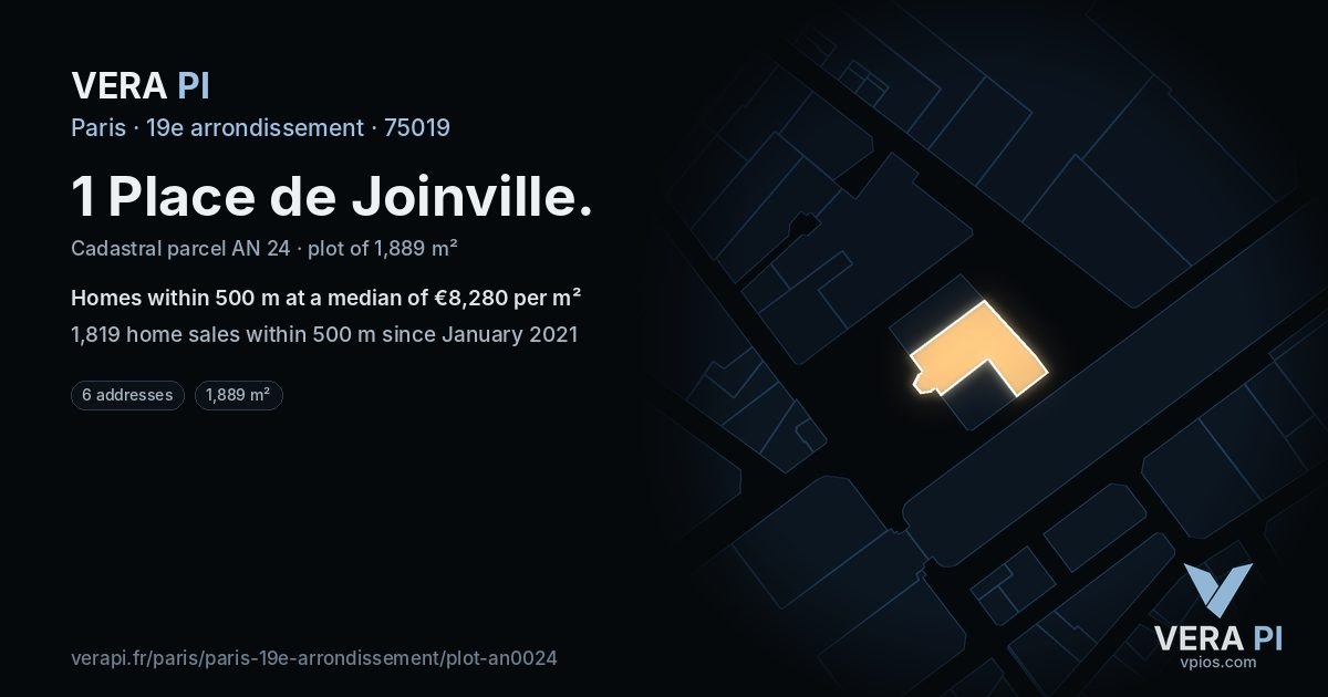 1 Place de Joinville, 19e arrondissement at night – the plot lit, the parcels around coloured by the prices near them