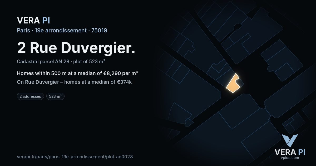 2 Rue Duvergier, 19e arrondissement at night – the plot lit, the parcels around coloured by the prices near them
